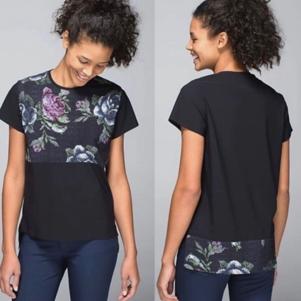 Lululemon Snapshot Tee Womens 10 Black Garden Party Floral Stretch Workout Shirt